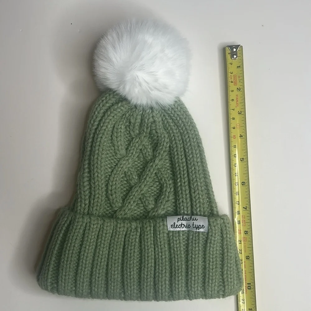 Youth Pokémon Pikachu Green and White Cable Knit Beanie with Pom Pom, Sz. OSFM